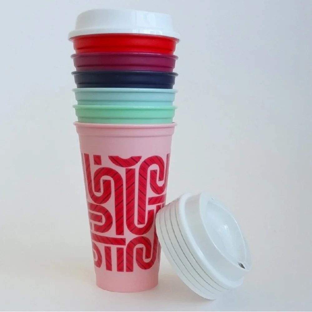 Starbucks Set of 6 Color Changing Reusable 16oz Hot Travel Cups With 6 Lids